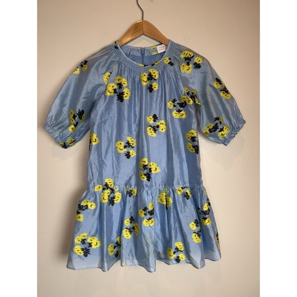 Tanya Taylor Dress Girls L Blue Floral Mini Eliza Kids Yellow Ruffle Chiffon 12 - Picture 1 of 7
